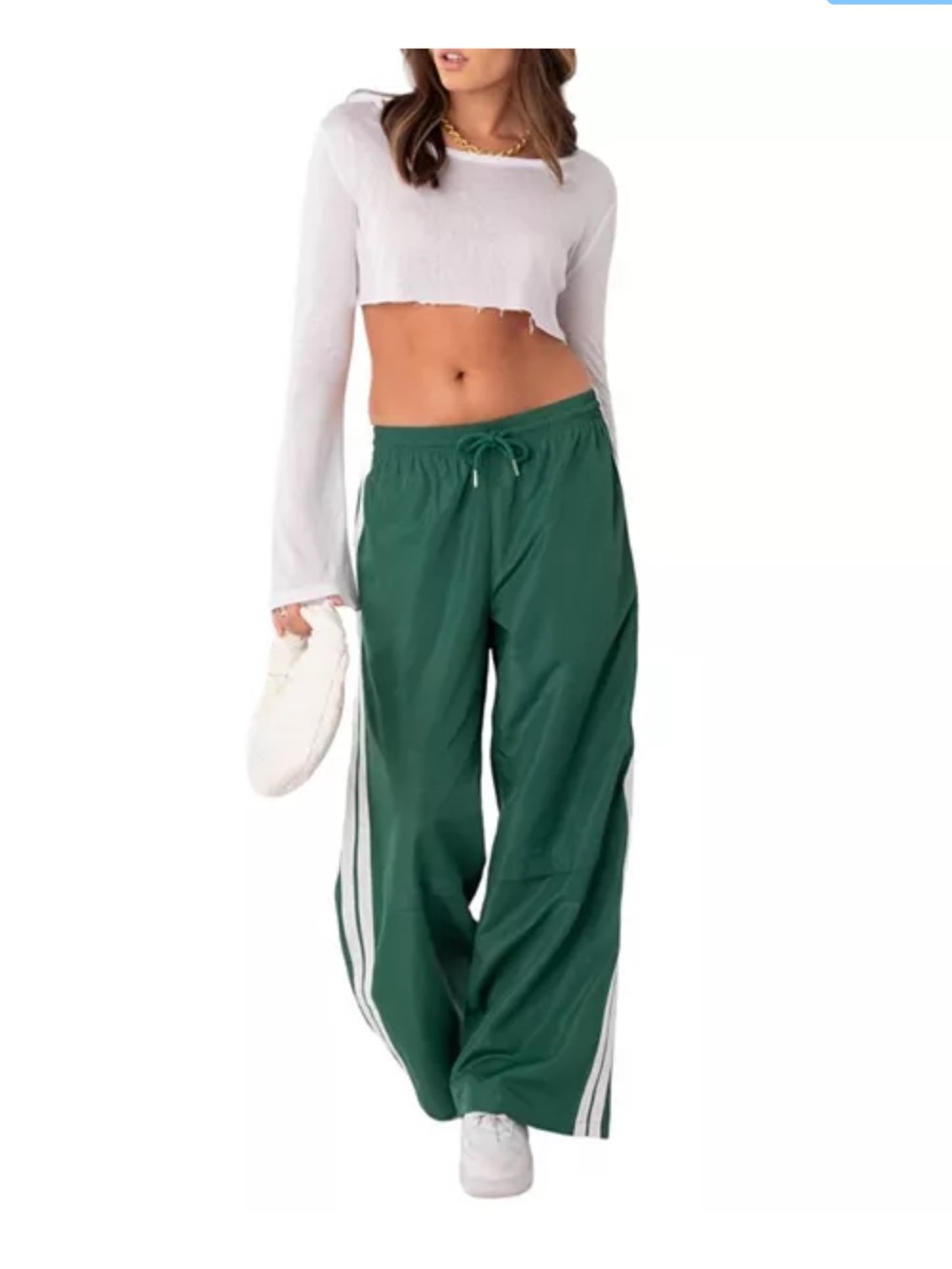 NWT EDIKTED Y2K Relaxed Wide-Leg Track Pants Athleisure Green & White Stripe